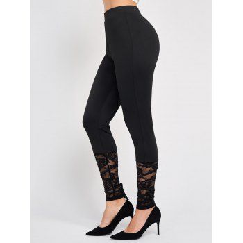 

Sheer Flower Lace Panel Leggings Lace Up High Waist Skinny Leggings, Black