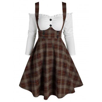 

2 In 1 Ruffle Cold Shoulder Plaid Dress, Black