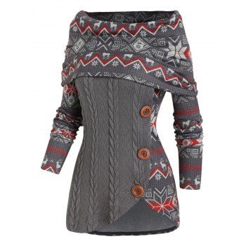 Cable Knit Sweater Elk Snowflake Geometric Print Foldover Asymmetrical Hem Long Sleeve Sweater