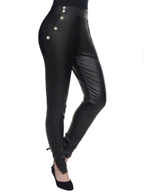 Pantalon de Motard Moulant à Ourlet Zippé en Faux Cuir avec Faux Bouton - Noir XL