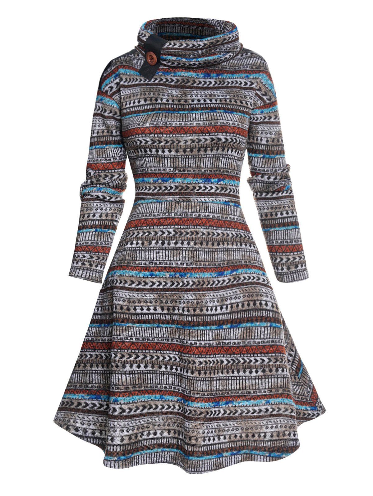 Ethnic Style Dress Striped Printed Dress Long Sleeve High Waisted A Line Mini Dress - COFFEE M