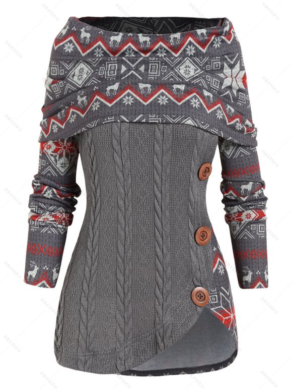 Pull Asymétrique Géométrique à Imprimé Flocon de Neige et Cerf en Tricot à Câble à Manches Longues - Gris S