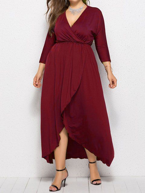 Plus Size Dress Plain Color Surplice High Waisted Dress Overlay High Low Maxi Dress