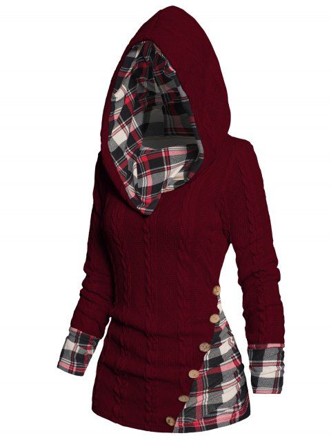 Twisted Cable Knit Plaid Print Hooded Sweater Mock Button Ruched Shawl Neck Sweater