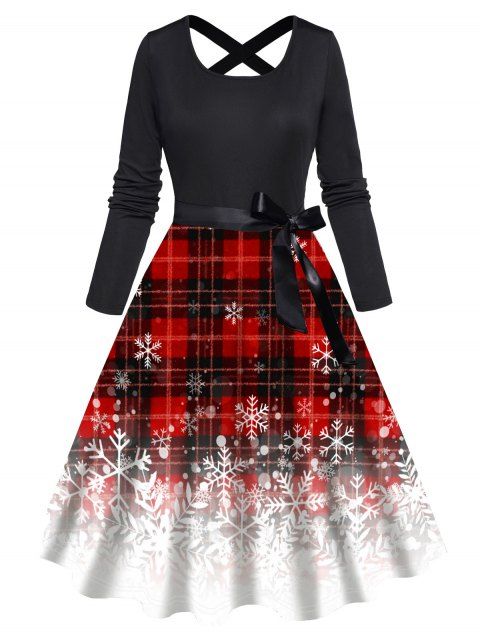 Christmas Snowflake Plaid Print A Line Dress Bowknot Belted Back Cross Long Sleeve Dress