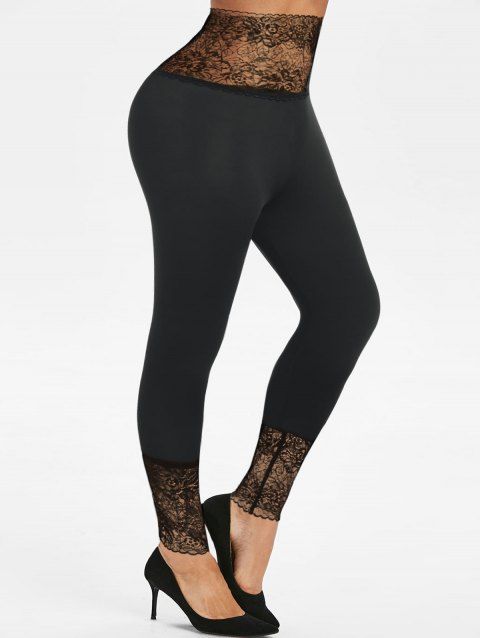 Plus Size Leggings See Thru Lace Panel Scalloped High Waisted Skinny Long Pants