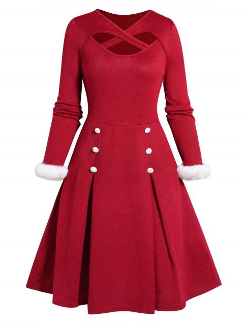 Mini Robe Evasée Découpée Croisée Contrastée Panneau en Fausse Fourrure à Manches Longues