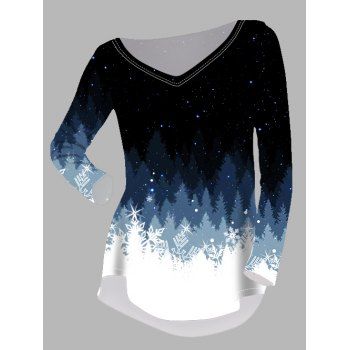 

Snowflake Print T Shirt Ombre T Shirt V Neck Curved Hem Long Sleeve Tee, Black