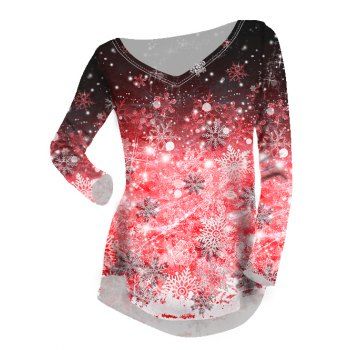 

Christmas T Shirt Snowflake Printed Curved Hem V Neck Long Sleeve Tee, Red