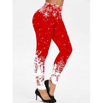 

Christmas Leggings Elk Snowflake Print High Waisted Long Skinny Leggings, Red