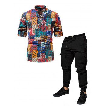 

Allover Tribal Geometric Patchwork Print Lace Up Shirt And Solid Color Applique Drawstrings Cargo Pants Outfit, Multicolor