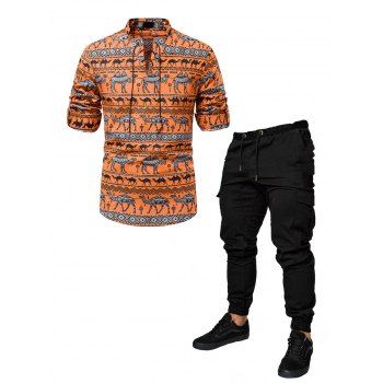 

Tribal Geometric Animal Print Lace Up Long Sleeve Shirt And Solid Color Applique Drawstrings Cargo Pants Outfit, Orange