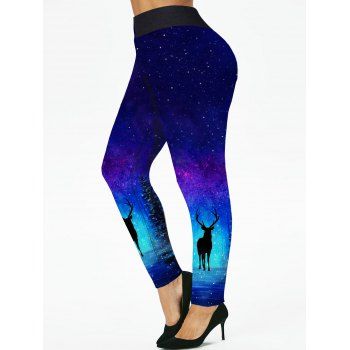 

Plus Size Leggings Christmas Leggings Elk Galaxy Print Skinny High Waisted Long Leggings, Multicolor