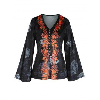 

Flower Print Flare Sleeve Top Mock Button V Neck Velour Top, Black