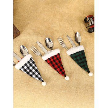 

3 Pcs Plaid Print Christmas Hat Tableware Set Home Decor, Multicolor a