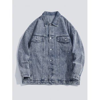 

Stripe Textured Denim Jacket Button Up Flap Pocket Patches Casual Jean Jacket, Blue