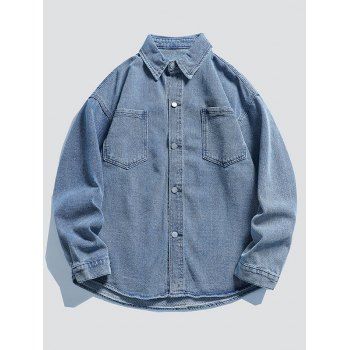 

Solid Color Textured Denim Jacket Pocket Patches Button Up Jean Jacket, Blue