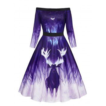 

Christmas Elk Moon Galaxy Print Dress Off The Shoulder High Waist Long Sleeve Dress, Concord