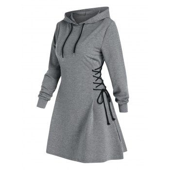 

Plus Size Dress Plain Color Lace Up Long Sleeve Drawstring Hooded Dress A Line Mini Dress, Gray