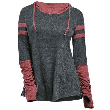 

Plus Size T Shirt Contrast Heathered Hooded Thumb Hole Kangaroo Pocket Ruched T-shirt, Dark gray