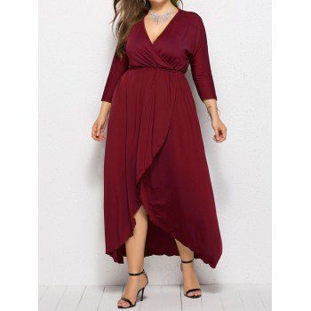 

Plus Size Dress Plain Color Surplice High Waisted Dress Overlay High Low Maxi Dress, Red