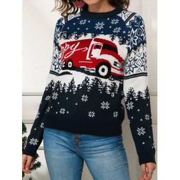 

Christmas Sweater Snowflake Car Printed Pullover Long Sleeve Sweater, Multicolor