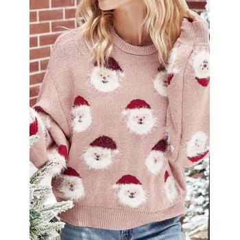 

Christmas Sweater Santa Claus Pattern Drop Shoulder Long Sleeve Pullover Cropped Sweater, Light pink