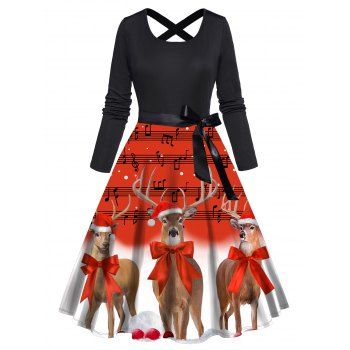 

Christmas Elk Music Notes Print A Line Dress Back Cross Bowknot Belted Long Sleeve Dress, Red