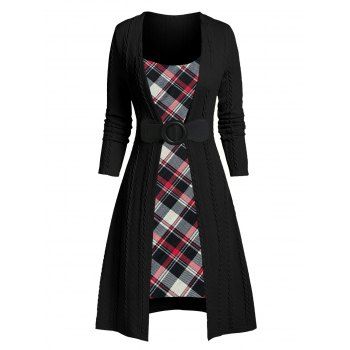 

Patchwork Buckled Plaid Cable Knit Dress, Black