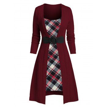 

Patchwork Buckled Plaid Cable Knit Dress, Deep red