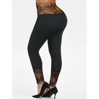 Plus Size Leggings See Thru Lace Panel Scalloped High Waisted Skinny Long Pants