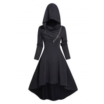 

High Low Long Sleeve Hooded Dress Zipper Embellishment Surplice Solid Color Dress, Black