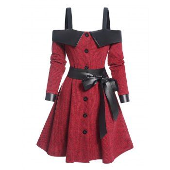 

Cold Shoulder Faux Leather Foldover Mini Dress Long Sleeve Mock Button Bowknot Belted Dress, Deep red