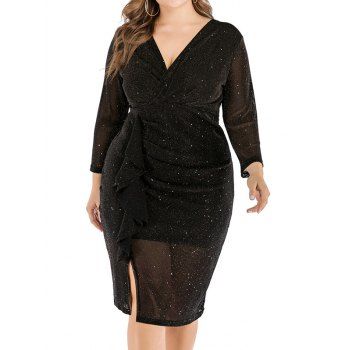 

Plus Size Dress Party Dress Glitter Ruffle High Waisted Plunging Neck Long Sleeve Slit Shift Midi Dress, Black