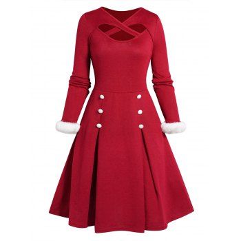 Cut Out Crossover Pleated Knit Mini Dress Contrast Faux Fur Panel Long Sleeve Mock Button Flare Dress