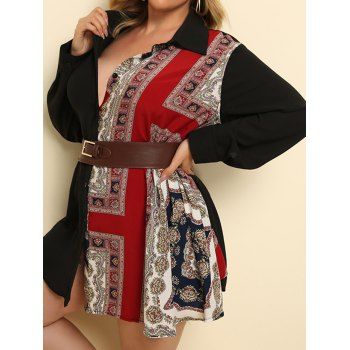 

Plus Size Shirt Printed Turn Down Collar Full Sleeve Button Up Long Bohemian Shirt, Multicolor