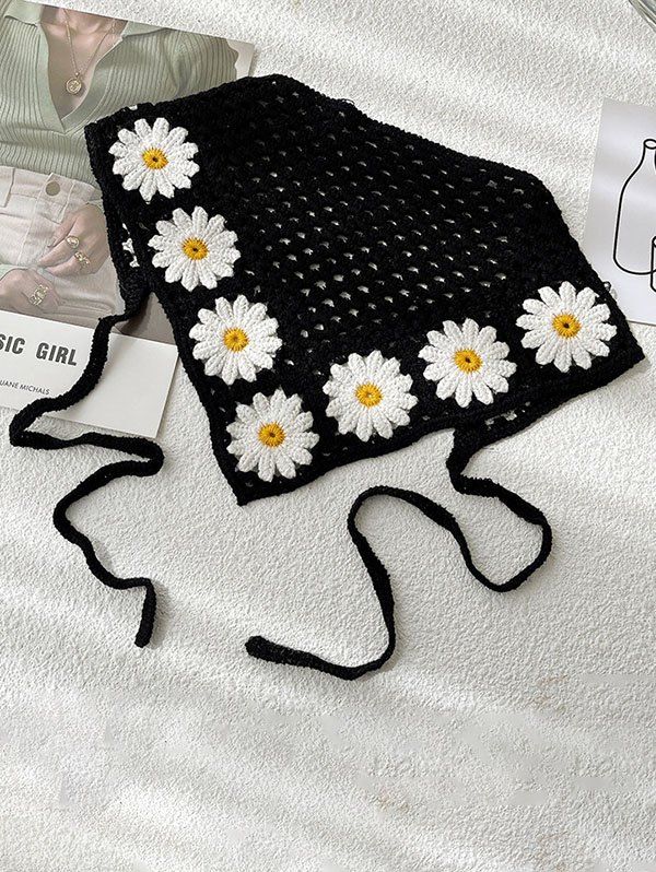 Bandeau de Fleurs au Crochet Style Cottagecore - Noir 