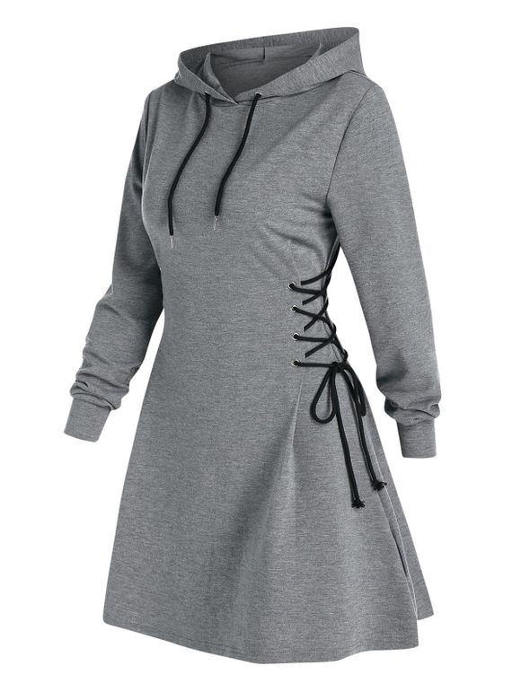 Mini Robe Ligne A à Capuche Simple en Couleur Unie Grande Taille à Lacets - Gris L