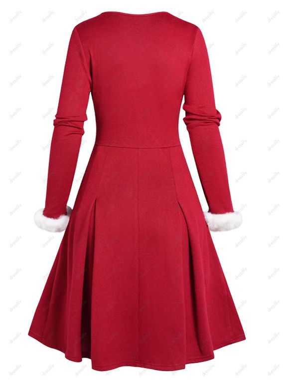 Mini Robe Evasée Découpée Croisée Contrastée Panneau en Fausse Fourrure à Manches Longues - Rouge foncé XL