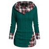 Twisted Cable Knit Plaid Print Hooded Sweater Mock Button Ruched Shawl Neck Sweater - GREEN M