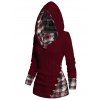 Twisted Cable Knit Plaid Print Hooded Sweater Mock Button Ruched Shawl Neck Sweater