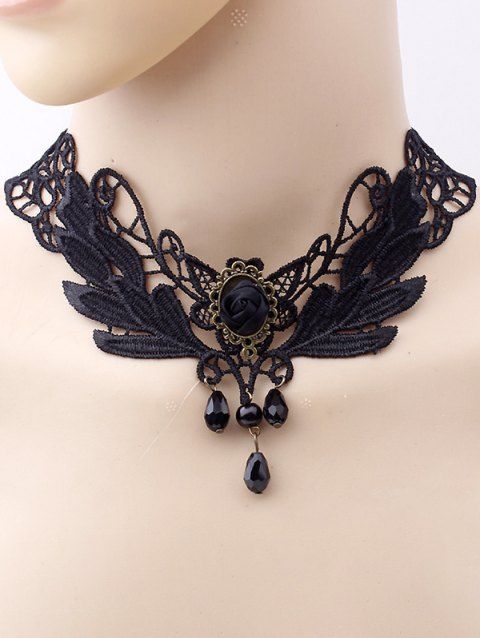 Lace Choker Faux Gem Beaded Hollow Out Gothic Necklace