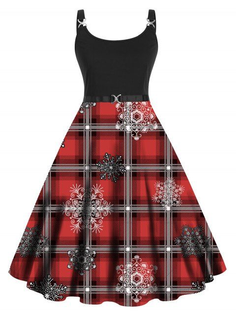 Plus Size Dress Christmas Dress Snowflake Plaid Print High Waisted Twisted A Line Midi Dress