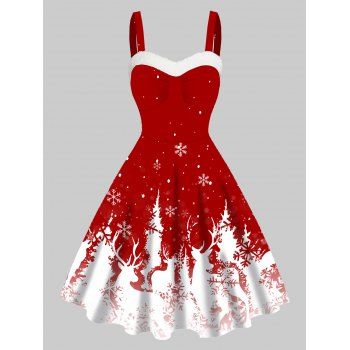 

Christmas Dress Elk Tree Snowflake Print Faux Fur High Waisted Dress Strap A Line Mini Dress, Red