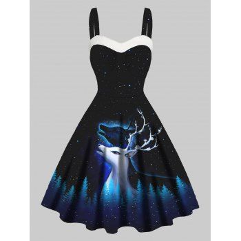 

Christmas Dress Tree Elk Print Faux Fur High Waisted Dress Strap A Line Mini Dress, Black
