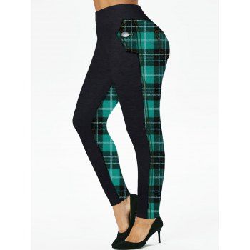 

Plus Size Leggings Christmas Leggings Plaid Print High Waisted Long Skinny Leggings, Green