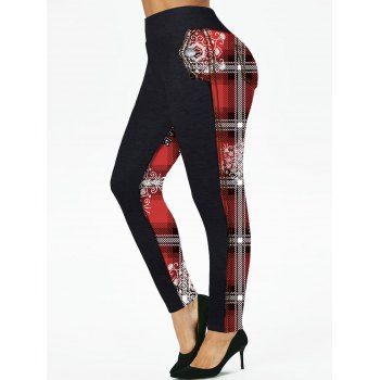 

Plus Size Leggings Christmas Leggings Snowflake Plaid Print High Waisted Skinny Long Leggings, Red