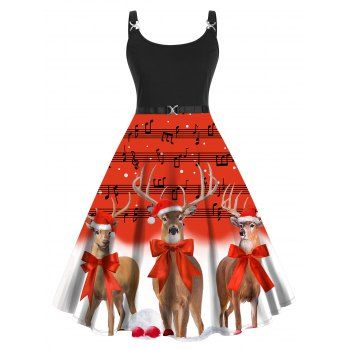 

Christmas Dress Plus Size Dress Elk Note Print Twisted High Waisted A Line Midi Dress, Red