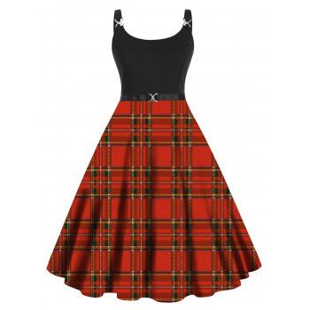 

Plus Size Dress Plaid Print Panel Twisted High Waisted A Line Midi Dress Christmas Dress, Red