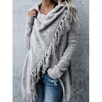 

Asymmetric Colorful Dots Tassel Wrap Sweater Cardigan, Light gray